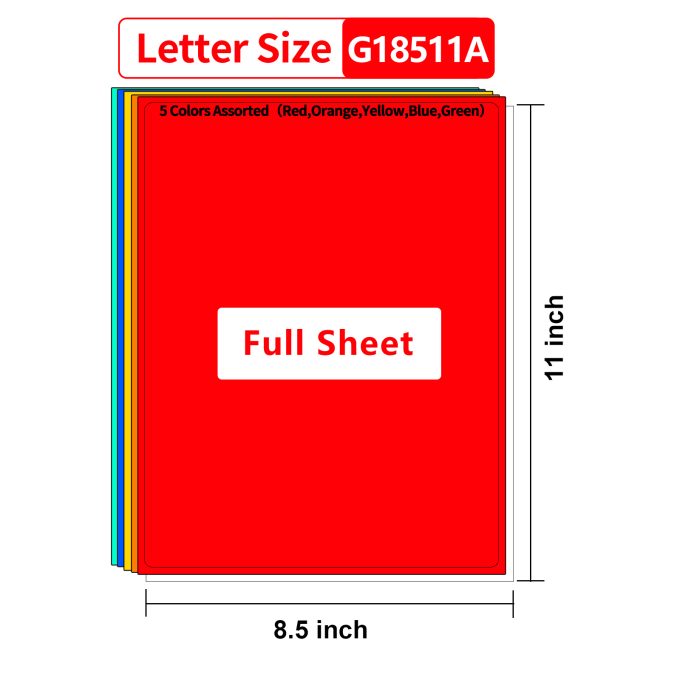Gemsroyal Colored Full Sheet Labels Printable 8.5"×11",5 Colors Assorted(Red,Orange,Yellow,Blue,Green),25 Sheets,Color Full Page Stickers for Laser/Inkjet Printers,Coloful Large Labels, Letter Size