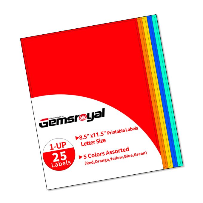 Gemsroyal Colored Full Sheet Labels Printable 8.5"×11",5 Colors Assorted(Red,Orange,Yellow,Blue,Green),25 Sheets,Color Full Page Stickers for Laser/Inkjet Printers,Coloful Large Labels, Letter Size