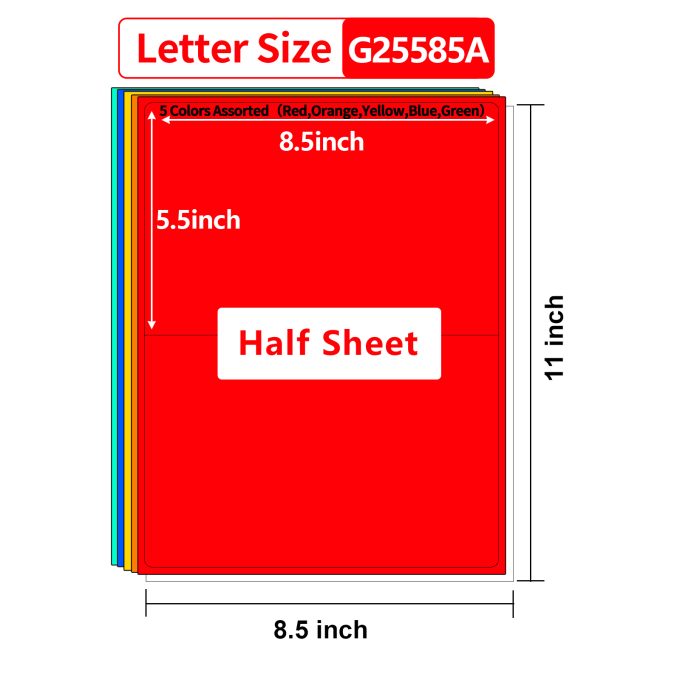 Gemsroyal Colored Half Sheet Labels Printable 5.5"×8.5",5 Colors Assorted(Red,Orange,Yellow,Blue,Green),25 Sheets,Color Half Page Stickers for Laser/Inkjet Printers,Colorful Large Labels,Letter Size