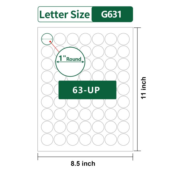 Gemsroyal 1 Inch Round Labels Printable,25 Sheets,63 Circles per Sheet,Round Stickers 1 Inch for Laser/Inkjet Printers,Circle Sticker Labels 1" Diameter, Letter Size