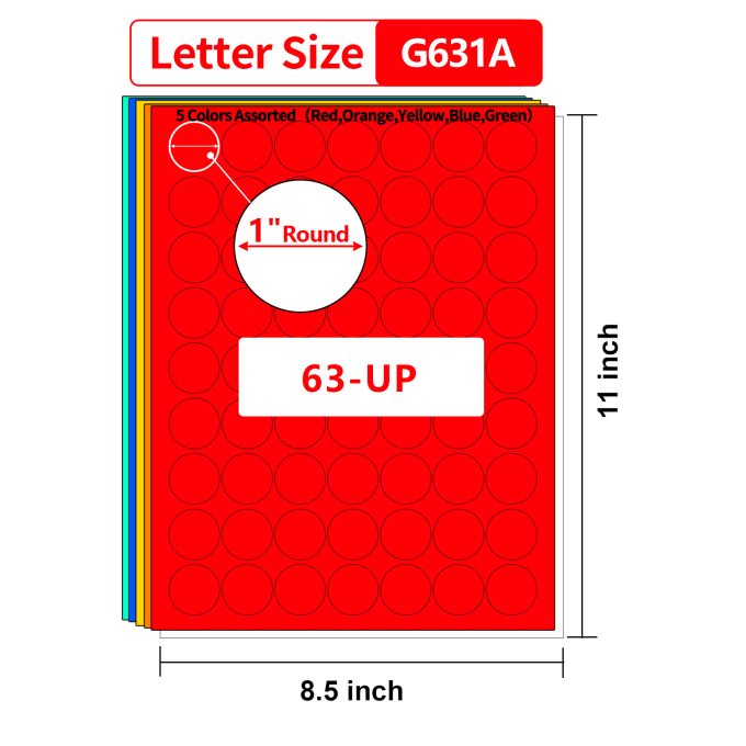 Gemsroyal 1 Inch Colored Round labels ,25 Sheets,5 Colors Assorted(Red,Orange,Yellow,Blue,Green),1 Inch Circle Stickers for Laser/Inkjet Printers,Colorful Dots Printable 1" Diameter,Letter Size