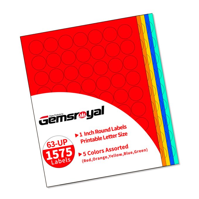 Gemsroyal 1 Inch Colored Round labels ,25 Sheets,5 Colors Assorted(Red,Orange,Yellow,Blue,Green),1 Inch Circle Stickers for Laser/Inkjet Printers,Colorful Dots Printable 1" Diameter,Letter Size