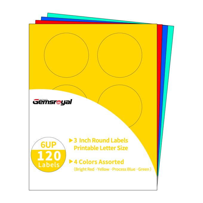 Gemsroyal 3 Inch Colored Round Labels,4 Colors Assorted(Red,Yellow,Blue,Green),20 Sheets,120 Tags in Total,Color Coding Labels for Laser/Inkjet Printers,3" Colorful Dot Stickers,Letter Size