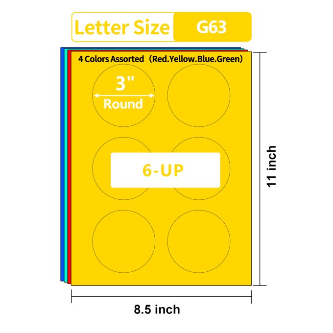 Gemsroyal 3 Inch Colored Round Labels,4 Colors Assorted(Red,Yellow,Blue,Green),20 Sheets,120 Tags in Total,Color Coding Labels for Laser/Inkjet Printers,3" Colorful Dot Stickers,Letter Size