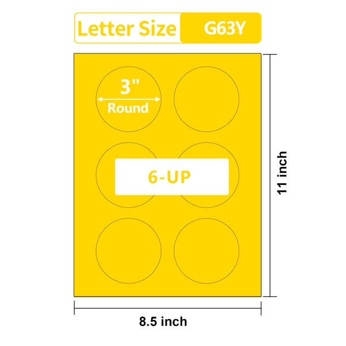 Gemsroyal 3 Inch Yellow Round labels ,20 Sheets,6 Circles per Sheet, Matte Yellow Color Coding Labels for Laser/Inkjet Printers,Colorful Dot Stickers Printable 3" Diameter,Letter Size